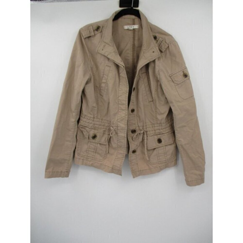 LOFT Womens Jacket Medium Button Front Cargo Tan Beige Casual Cotton Blend Prep